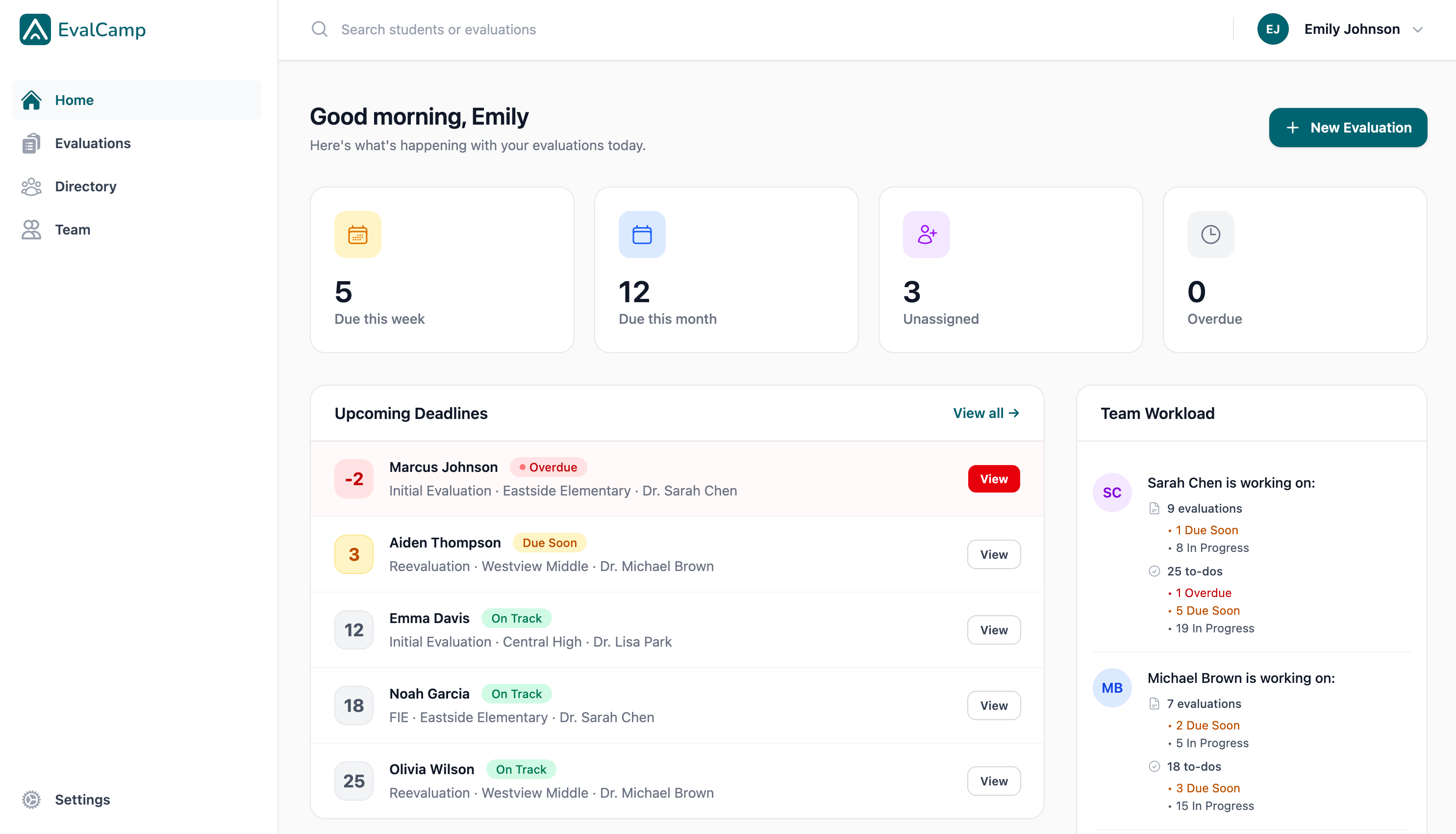 EvalCamp Dashboard - Track evaluations, deadlines, and team workload
